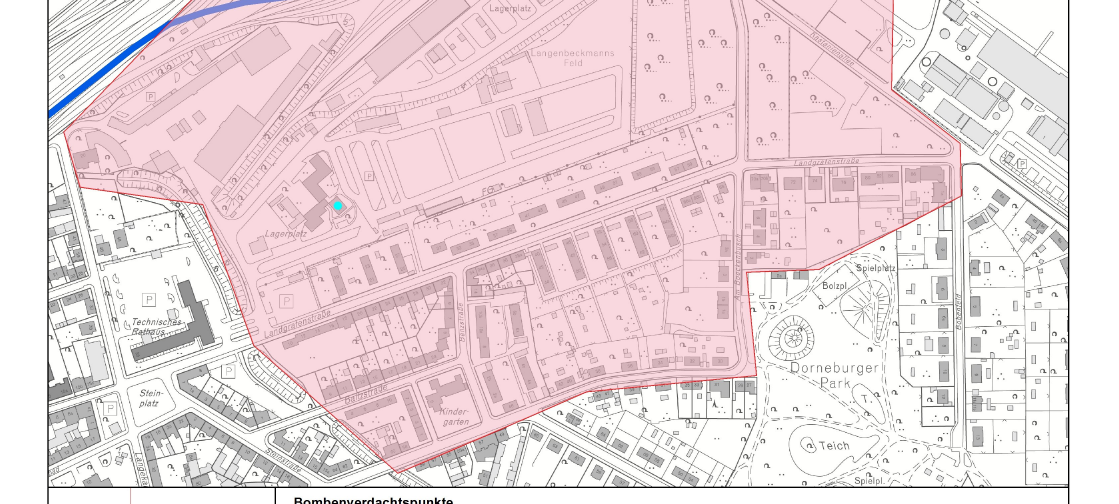 Im Bereich Landgrafenstraße müssen heute noch zwei Blindgänger entschärft werden. Dies ist der erste Teil der Karte des Evakuierungsbereichs.