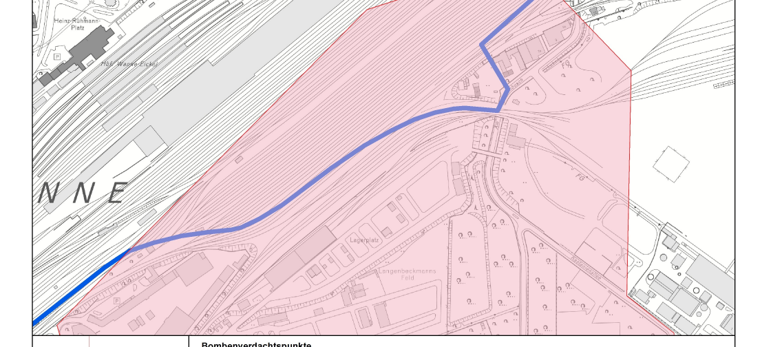 Im Bereich Landgrafenstraße müssen heute noch zwei Blindgänger entschärft werden. Dies ist der zweite Teil der Karte des Evakuierungsbereichs.